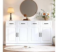 Worletty Armadio da cucina, credenza bianca, cassettiera in MDF con 4 cassetti e 4 ante, 2 ripiani, design scanalato e 8 manici in metallo, grande spazio superiore per il soggiorno (bianco)