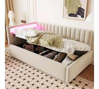 Worletty Divano letto, letto estraibile, 90 x 200, con illuminazione a LED e spazio idraulico, design classico a strisce verticali, con posizioni intercambiabili (beige)