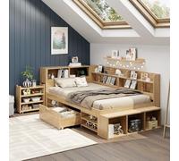 Worletty Lettino per bambini, letto singolo, multifunzionale con comodino, cassetti, scaffali, con ricarica wireless, senza materasso, colore naturale (91 x 254 x 109)
