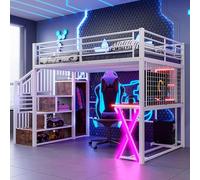 Worletty Letto a castello, in metallo, 140 x 200 cm, con luci a LED, scala, scrivania, armadio, scaffale, senza materasso, bianco