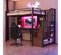 Worletty Letto a soppalco con scale, 90 × 200 cm, con ripiano, scrivania, presa europea e illuminazione a LED, scala integrata (montaggio a sinistra/destra), letto singolo (nero)