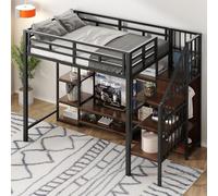 Worletty Letto a soppalco con scale, 90 x 200 cm, con supporto per TV, presa e scala di sicurezza, robusta combinazione in metallo e legno, moderno letto a castello per bambini con pratico vano