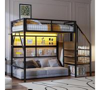 Worletty Letto a soppalco con scale, letto a castello, adatto per bambini e ragazzi, versatile, in metallo con strisce LED controllate da APP, scale con spazio di archiviazione (90 cm x 200 cm)