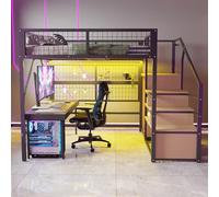 Worletty Letto a soppalco con scale, letto a castello, adatto per bambini e ragazzi, versatile, in metallo con strisce LED controllate da APP, scale con spazio di archiviazione (140 cm x 200 cm)