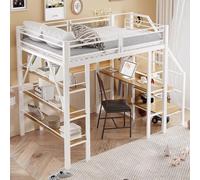 Worletty Letto a soppalco con scale, letto a soppalco, 3 strati, scrivania, armadio, livelli di sicurezza con vano portaoggetti, design a recinzione, letto in ferro, letto singolo (bianco)