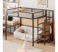 Worletty Letto a soppalco con scale, letto a soppalco, con scaletta, lettino con telaio in ferro e scaffalatura, armadio (nero)
