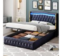 Worletty Letto imbottito, letto matrimoniale, telaio del letto, gambe larghe con strisce luminose per una tenuta stabile, con illuminazione a LED che cambia colore, con idraulica per la conservazione