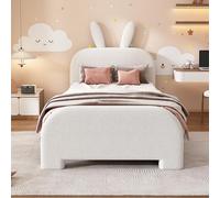 Worletty Letto imbottito per ragazzi, letto piatto, 90 x 200 cm, imbottito, in lana di pecora, resistente a forma di coniglio, due cassetti (bianco)