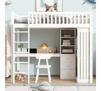 Worletty Letto in legno, per ragazzi e ragazzi, a soppalco, scrivania, armadio, 3 cassetti, spazio aperto, ringhiera, scale, senza materasso, bianco (205 x 95 x 180 cm)
