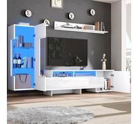 Worletty Mobile TV, set da 3 pezzi, lucido, con LED, moderno mobile TV, in piedi e sospeso, ante in acrilico, parete divisoria in vetro, bianco, TV fino a 70'