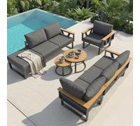Worletty Sala da giardino per esterni, set di mobili da giardino, resistente alle intemperie, per 6 persone, con piedini regolabili, robusta base in metallo, set da 2 tavoli in legno, combinazione