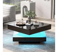 Worletty Tavolino da salotto, tavolino quadrato lucido con piastra girevole, stile Techno moderno con luce LED, 70 x 70 x 36 cm, girevole a 360 gradi (nero)