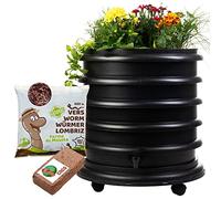 WORMbox | Vermicompostaggio 3 Vassoi Nero + Fioriera per piante + 250g di Vermi Lombrichi / 500 pz. + 1 Cocco | 48 Litri | Compost di Rifiuti Organici Compostiera Vermifuga Lombricompostiera