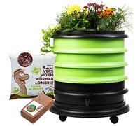WORMbox | Vermicompostaggio 3 Vassoi Verde + Fioriera per piante + 250g di Vermi Lombrichi / 500 pz. + 1 Cocco | 48 Litri | Compost di Rifiuti Organici Compostiera Vermifuga Lombricompostiera