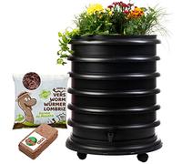 WORMbox | Vermicompostaggio 4 Vassoi Nero + Fioriera per piante + 1kg di Vermi Lombrichi / 2000 pz. + 1 Cocco | 64 Litri | Compost di Rifiuti Organici Compostiera Vermifuga Lombricompostiera