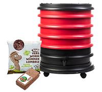 WORMbox | Vermicompostaggio 4 Vassoi Rosso + 500g di Vermi Lombrichi / 1000 pz. + 1 Cocco | 64 Litri | Compost di Rifiuti Organici Compostiera Vermifuga Lombricompostiera | Lombrichi = Humus lombrico