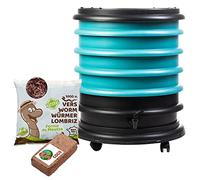 WORMbox | Vermicompostaggio 4 Vassoi Turchese + 500g di Vermi Lombrichi / 1000 pz. + 1 Cocco | 64L | Compost di Rifiuti Organici Compostiera Vermifuga Lombricompostiera | Lombrichi = Humus lombrico