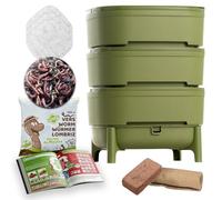 WORMcube Verde Design & Compact I Vermicompostaggio 3 vassoi I 250g di Vermi Lombrichi / 500 pz. I Kit Completo I Filtro per annegamento dei vermi