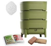 WORMcube Verde Design & Compact I Vermicompostaggio 3 vassoi I Kit Completo I Filtro per annegamento dei vermi