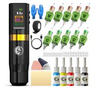 Wormhole Tattoo Kit completo di pistola per tatuaggi da 58 pezzi - Pistola per tatuaggi wireless a LED in lega di alluminio con batteria da 1800 mAh per principianti del tatuaggio - Nero WTK313