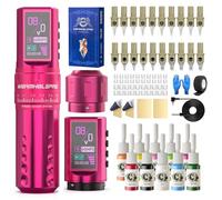 WORMHOLEPRO Kit pistola per tatuaggi con 7 corse regolabili, alimentatore di ricambio da 1.800 mAh, display digitale a LED, 20 aghi per tatuaggi per tatuatori, rosa