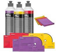 wortek Set di lucidatura con tampone in schiuma abbinato e panno per lucidare: Heavy Cut + Fine Cut + Micro Cut Koch Chemie lucidanti (3 tamponi da 150 mm + lucidante 250 ml + panni per lucidare)