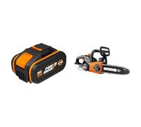 WORX Batteria WA3556 20V 5Ah Batteria Potente e Con Ottima Autonomia Indicatore & WG322E.9 Elettrosega Sega Da Giardino A Batteria 20V Motosega Elettrica Da Potatura, Diam. 25 - Solo Corpo Macchina