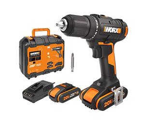 WORX WX108 - Trapano avvitatore a batteria da 20 V, avvitatore multiuso per forare e avvitare, gamma di velocità a due stadi e regolazione della coppia 20 + 1 fino a 45 Nm, con batterie da 2 Ah e