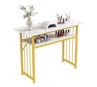 woshapce Scrivania per Nail Tech, tavolo manicure con ripiano portaoggetti, effetto marmo, banco da lavoro con cornice dorata con angoli arrotondati, per uso domestico e spa, 100 cm