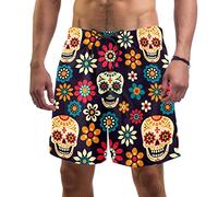 WOSHJIUK Pantaloncini da Bagno da Uomo Asciugatura Rapida,Fiore Teschio di Zucchero Messicano di Halloween,Board Short Outdoor Walk Beach Costumi da Bagno