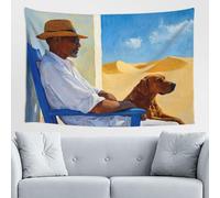 Woshuwo Arazzo da parete con uomo seduto su una sedia blu con cane marrone, arte da parete per camera da letto, soggiorno, dormitorio, arazzo estetico moderno per feste sfondo striscione 152 x 101 cm