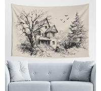 Woshuwo Arazzo da parete vintage con casa infestata nel bosco raccapricciante decorazione da parete per camera da letto soggiorno dormitorio moderno arazzo estetico per feste sfondo striscione 152 x