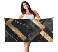 Woshuwo Asciugamano da spiaggia con motivo piastrelle in marmo nero e oro, 60 x 140 cm, leggero, ad asciugatura rapida, per le vacanze