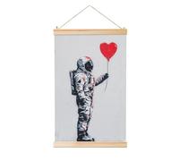 Woshuwo Astronauta con palloncino rosso a forma di cuore dipinto da appendere in lino, arte da parete in lino per la casa, opera d'arte moderna, decorazione per fattoria, 40 x 60 cm