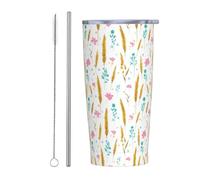 Woshuwo Bicchiere da caffè freddo con orecchie di grano e fiori, con coperchio e cannuccia, 590 ml, tazza da caffè ghiacciata isolata sottovuoto, bottiglia da viaggio riutilizzabile in acciaio inox