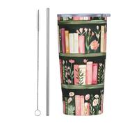 Woshuwo Bicchiere da libreria con motivo floreale ad acquerello rosa con coperchio e cannuccia, 590 ml, tazza da caffè ghiacciato isolata sottovuoto, bottiglia d'acqua riutilizzabile da viaggio in