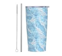 Woshuwo Bicchiere in marmo bianco azzurro con coperchio e cannuccia, 590 ml, tazza da caffè ghiacciata isolata sottovuoto, bottiglia da viaggio riutilizzabile in acciaio inox