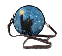 Woshuwo Black Cat Holding A Glowing Golden Star - Borsa a tracolla rotonda da donna in pelle