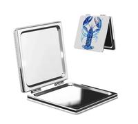 Woshuwo Blue Lobster - Specchio da viaggio per il trucco, double-face, in pelle PU, portatile, compatto, tascabile, con ingrandimento