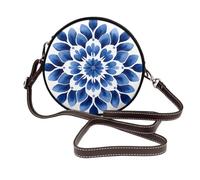 Woshuwo Borsa a tracolla rotonda blu e bianca con fiore decorativo da donna in pelle