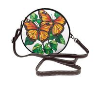 Woshuwo Borsa a tracolla rotonda da donna con due farfalle e foglie verdi in vetro colorato