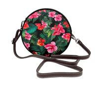 Woshuwo Borsa a tracolla rotonda da donna con fiori tropicali di ibisco rosa e foglie di palma