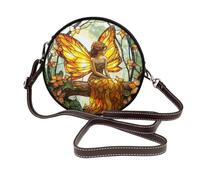 Woshuwo Borsa a tracolla rotonda da donna in pelle gialla arancione con fata seduta sul tronco della foresta