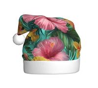 Woshuwo Cappello da Babbo Natale con fiori di ibisco rosa e bianchi su turchese