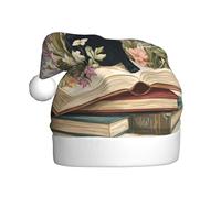 Woshuwo Cappello di Babbo Natale con gatto nero aperto vecchio libro Wildflower cappello di Babbo Natale per adulti cappello di Natale novità