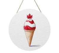 Woshuwo Cartello di benvenuto in legno con cono gelato e foglia d'acero rossa sulla parte superiore, cartello di benvenuto per porta d'ingresso, 30 cm, rotondo, da appendere alla parete