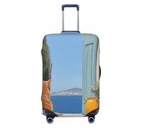 Woshuwo Copertura elastica da viaggio con gatto seduto su una terrazza greca, antipolvere e antigraffio, adatta per valigie da 56-61 cm