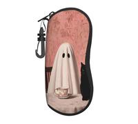 Woshuwo Custodia per occhiali portatile con fantasma bianco che prende il tè con gatto nero custodia per occhiali da sole leggera