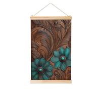 Woshuwo Dipinto da appendere in lino con pietre preziose turchesi fiore piume marroni, decorazione da parete in lino, opera d'arte moderna per la casa, 40 x 60 cm