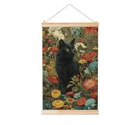 Woshuwo Gatto nero seduto in fiori di campo dipinto da appendere in lino, arte da parete in lino, opera d'arte moderna per la casa, decorazione da casa 40 x 60 cm
